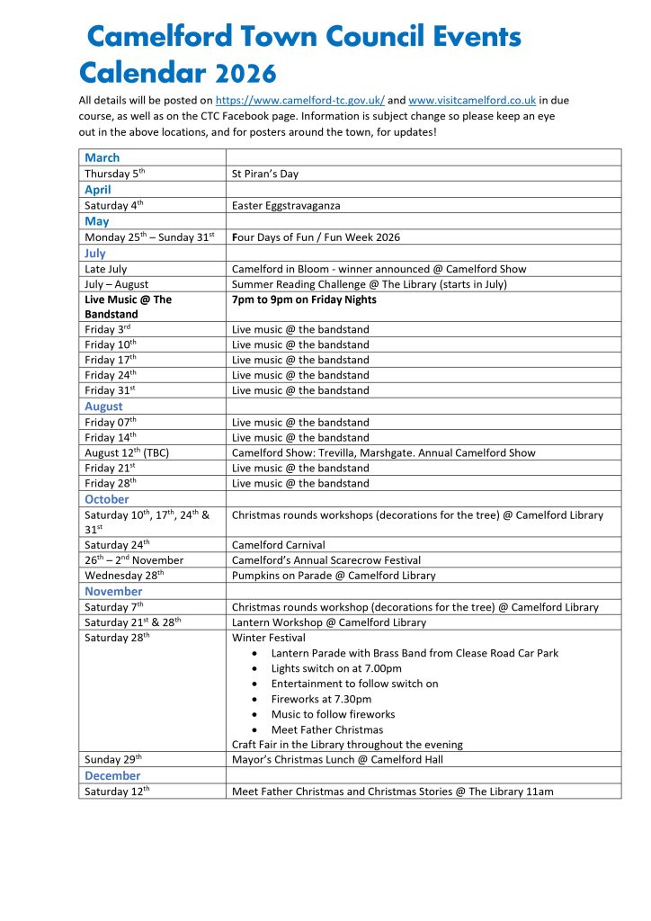 Camelford Town Council Events Calendar for 2026